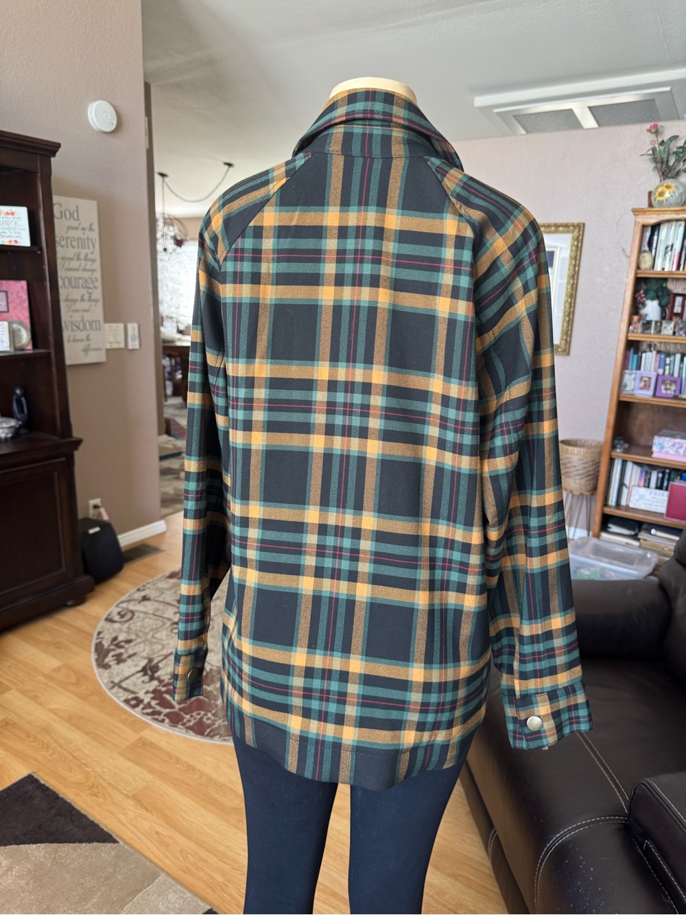 CAbi Plaid Jean Jacket in Green, Yellow, Black & Tan - Picture 10 of 11